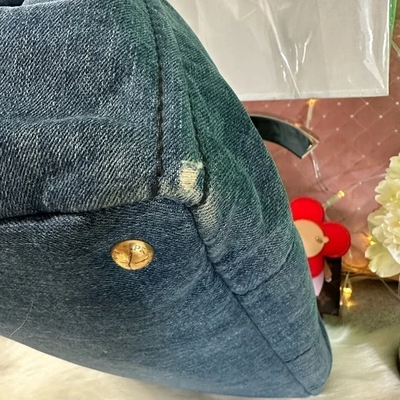 PRADA CANAPA LARGE DENIM TOTE AVIO BLUE LOGO BAG ITALY AUTHENTIC DUST BAG/CARD - Picture 9 of 16